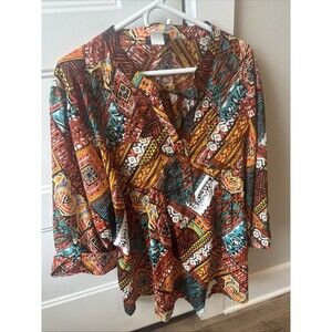 Cocomo Top Blouse 3x Multicolor Autumn Pleated Pockets Roll Tab Sleeves Stretch